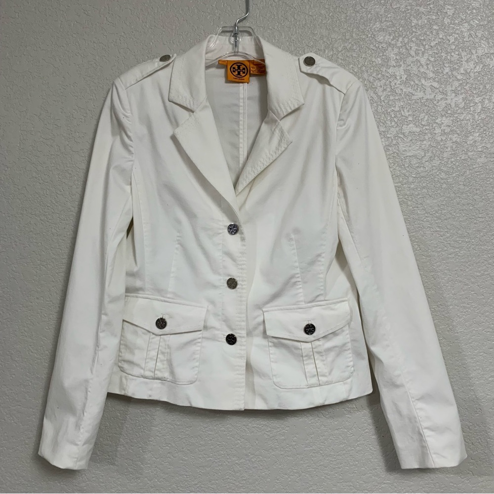 Tory Burch Blazer Jacket Women 8 Cotton Flap Pockets Silver Logo Buttons White